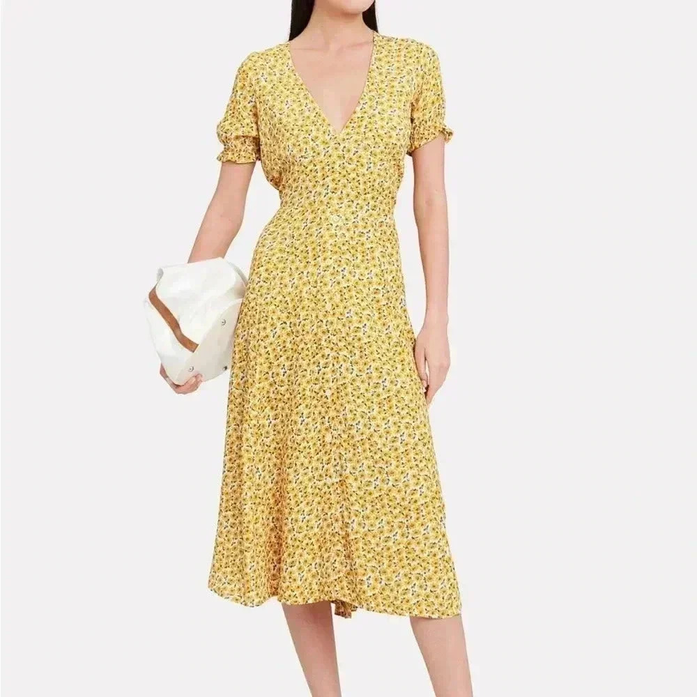 NWT FAITHFULL THE BRAND Ari Floral Midi Dress Yellow 4 S